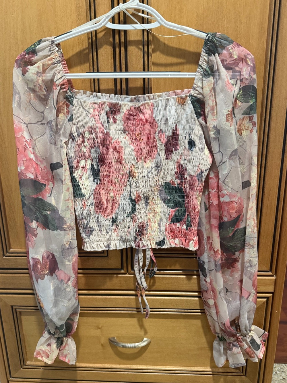 Pink Floral Smocked Crop Top with Sheer Puff Sleeves